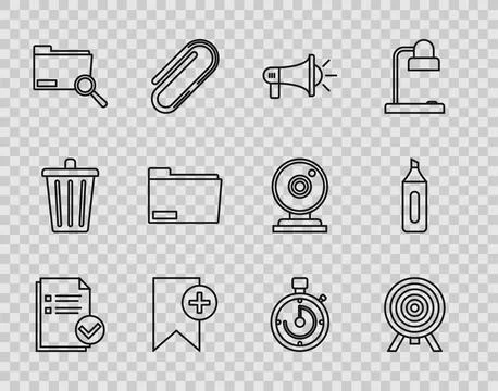 Set line Document and check mark, Target, Megaphone, Bookmark, Search concept Stock Illustration