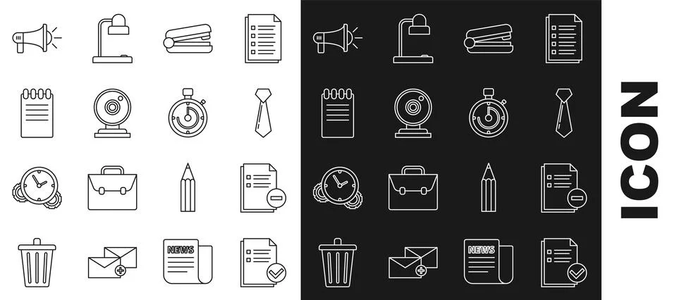 Set line Document and check mark, with minus, Tie, Office stapler, Web came.. Stockillustratie