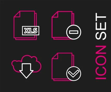 Set line Document and check mark, Cloud download, with minus and XLS file d.. Illustrazione stock
