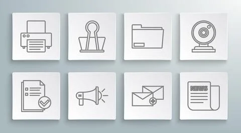 Set line Document and check mark, Binder clip, Megaphone, Envelope, News, f.. Illustrazione stock