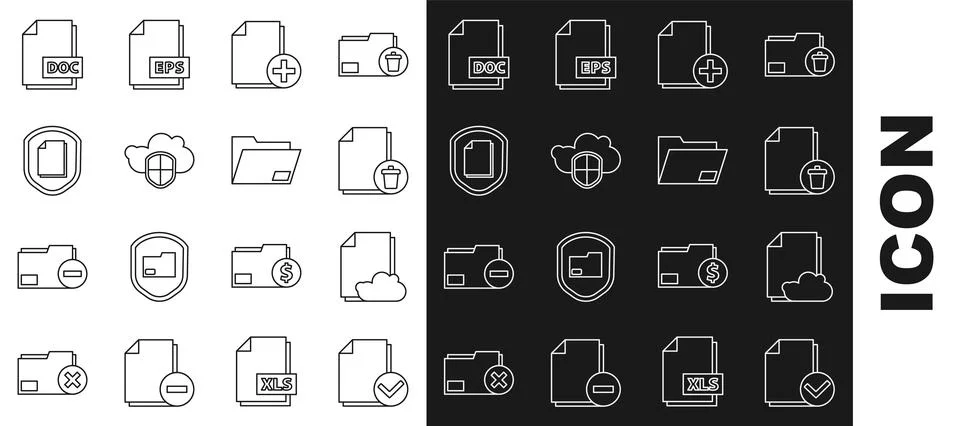 Set line Document and check mark, Cloud storage text document, Delete file,.. Stock Illustration