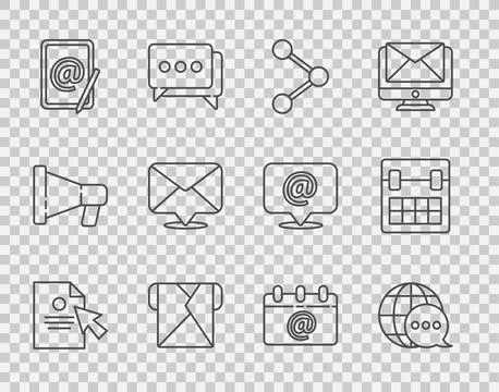 Set line Document and cursor, World map made from speech bubble, Share, Envelope Stock Illustration