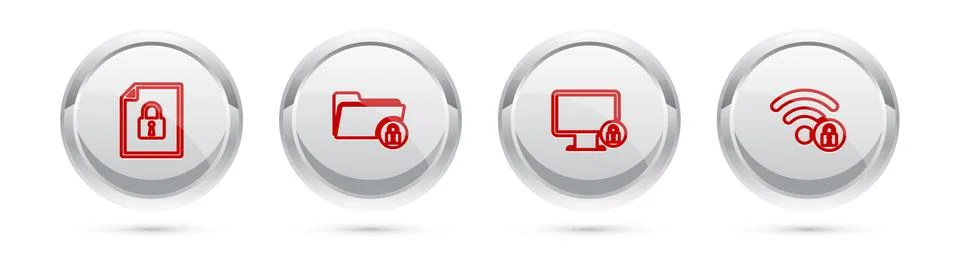 Set line Document and lock, Folder, Lock on monitor and Wifi locked. Silver Stock Illustration