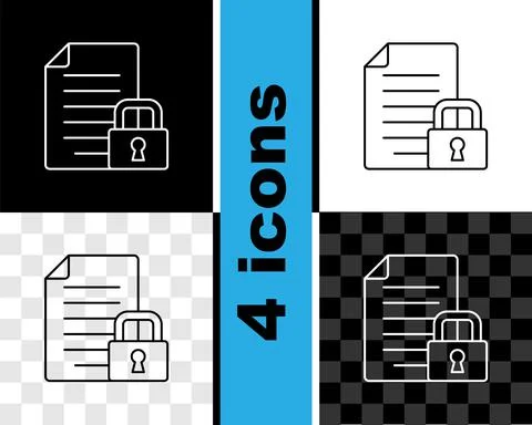 Set line Document and lock icon isolated on black and white, transparent Illustrazione stock