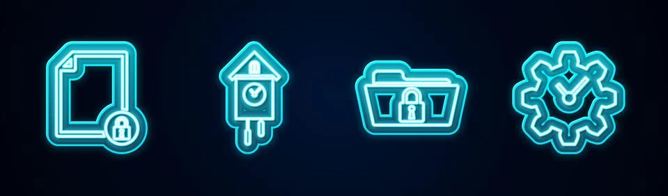 Set line Document and lock, Retro wall watch, Folder and Time Management Stock Illustration