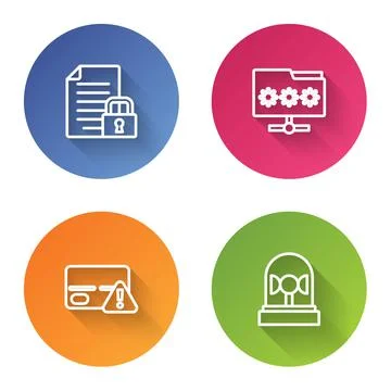 Set line Document and lock, Folder with password, Credit card and Flasher siren Illustrazione stock