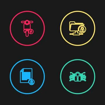 Set line Document and lock, Cyber security, FTP folder and Electric scooter icon Illustrazione stock