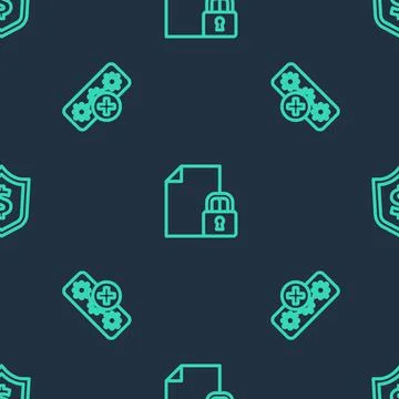 Set line Document and lock, Password protection and Shield with dollar on Illustrazione stock
