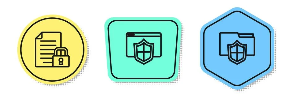 Set line Document and lock, Browser with shield and folder protection. Colored Illustrazione stock