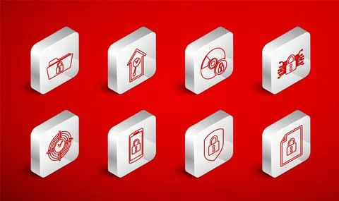 Set line Document and lock, Retro wall watch, CD or DVD disk with, Cyber Illustrazione stock