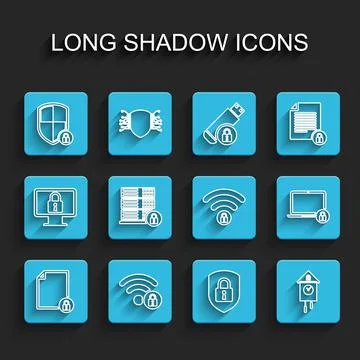 Set line Document and lock, Wifi locked, Shield security with, Retro wall watch Illustrazione stock