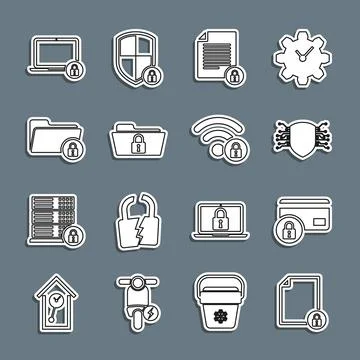 Set line Document and lock, Credit card with, Cyber security, Folder, Laptop and Stock Illustration
