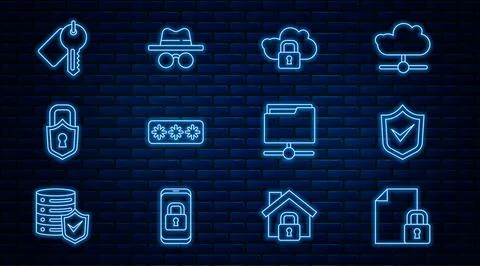 Set line Document and lock, Shield with check mark, Cloud computing, Password Ilustração Stock