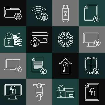 Set line Document and lock, Shield security with, Lock on monitor, USB flash Stock Illustration