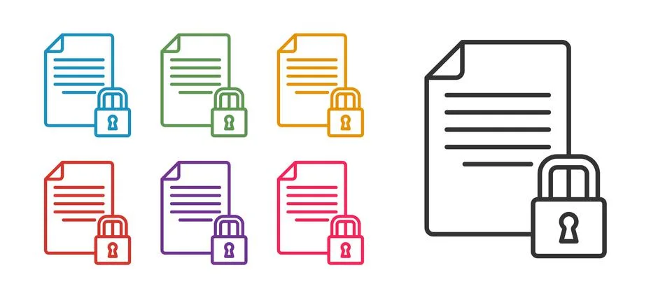 Set line Document and lock icon isolated on white background. File format and Illustrazione stock