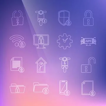 Set line Document and lock, Open padlock, Computer api interface, Shield イラスト素材