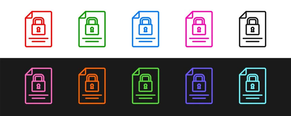 Set line Document and lock icon isolated on black and white background. File Illustrazione stock