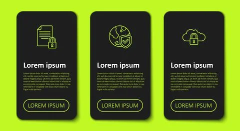 Set line Document and lock, Shield with world globe and Cloud computing Illustrazione stock