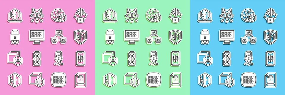 Set line Document and lock, Mobile with art store app, NFT shield, Digital Stock Illustration