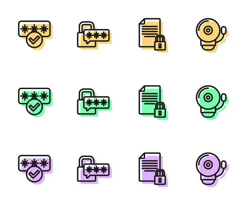 Set line Document and lock, Password protection, Cyber security and Ringing Illustrazione stock