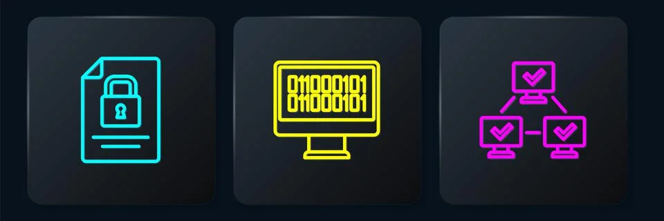 Set line Document and lock, NFT blockchain technology and Binary code. Black Stock Illustration