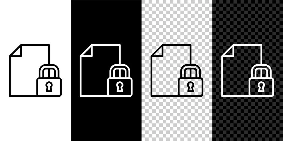 Set line Document and lock icon isolated on black and white background. File Stock Illustration