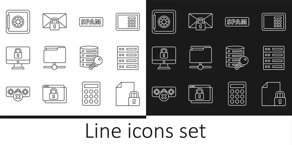 Set line Document and lock, Server, Data, Web Hosting, Spam, FTP folder, Lock on 스톡 일러스트