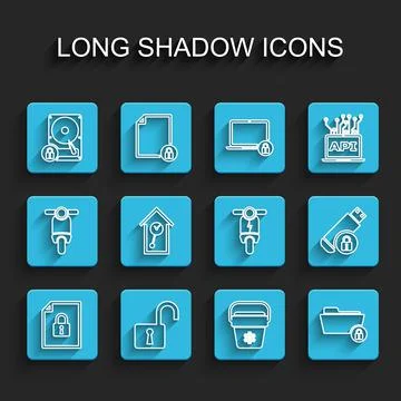 Set line Document and lock, Open padlock, Hard disk drive, Cooler bag, Folder Stock Illustration