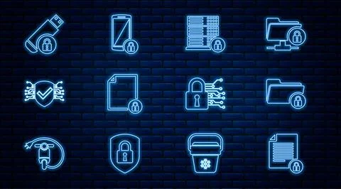 Set line Document and lock, Folder, Server security with, Cyber, USB flash drive Illustrazione stock