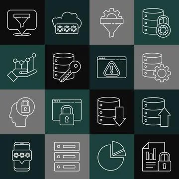 Set line Document and lock, Server, Data, Web Hosting, gear, Sales funnel with Stock Illustration