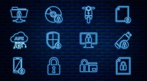 Set line Document and lock, USB flash drive with, Electric scooter, Shield Illustrazione stock