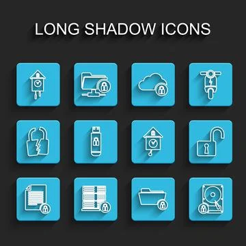 Set line Document and lock, Server security with, Retro wall watch, Folder, Hard Stock Illustration