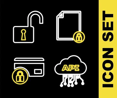 Set line Document and lock, Cloud api interface, Credit card with and Open Stock Illustration