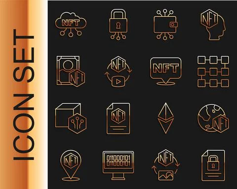 Set line Document and lock, NFT Digital crypto art, blockchain technology Illustrazione stock