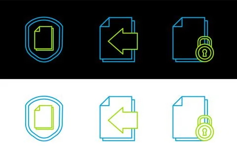 Set line Document and lock, protection concept and Next page arrow icon. Vector Stock Illustration