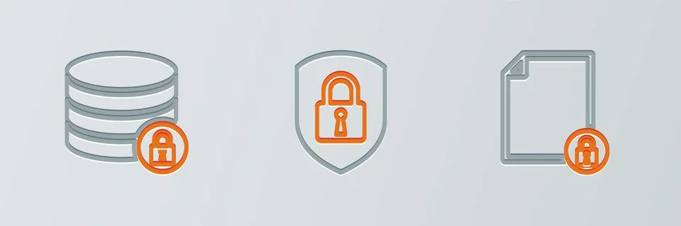 Set line Document and lock, Server security with and Shield icon. Vector Illustrazione stock