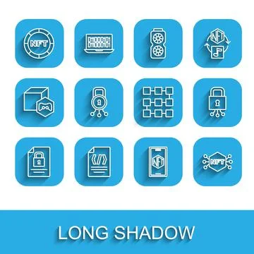 Set line Document and lock, Binary code, NFT Digital crypto art, Mobile with Stock Illustration