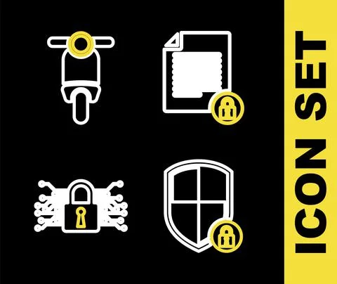 Set line Document and lock, Shield security with, Cyber and Scooter icon. Vector Stock Illustration