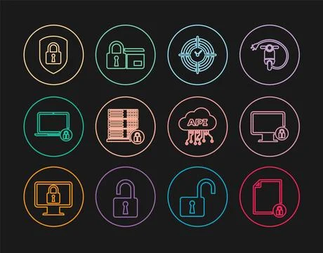 Set line Document and lock, Lock on monitor, Time Management, Server security Illustrazione stock