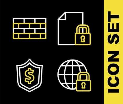 Set line Document and lock, Global lockdown, Shield with dollar and Firewall 스톡 일러스트