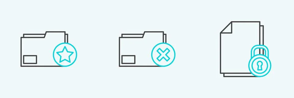 Set line Document and lock, folder with star and Delete icon. Vector Ilustración de archivo