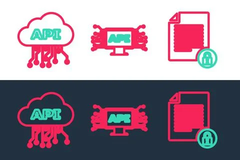 Set line Document and lock, Cloud api interface and Computer icon. Vector Illustrazione stock