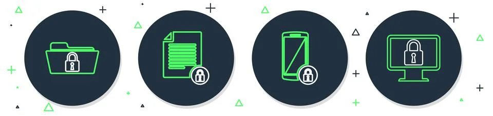 Set line Document and lock, Smartphone with, Folder and Lock monitor icon. Ve Illustrazione stock
