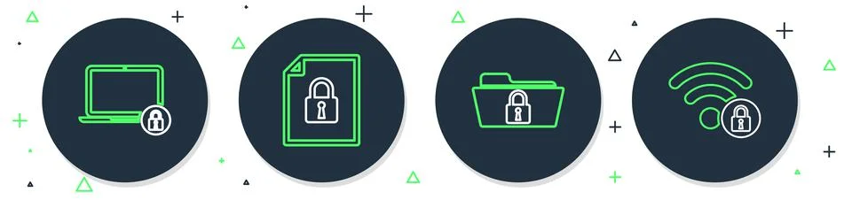 Set line Document and lock, Folder, Laptop and Wifi locked icon. Vector Illustrazione stock