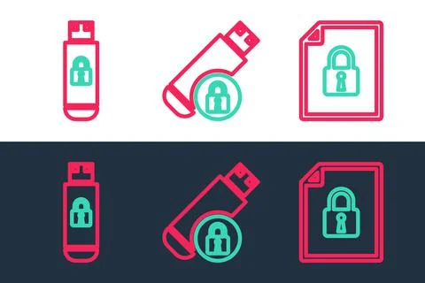 Set line Document and lock, USB flash drive with and  icon. Vector Stock Illustration