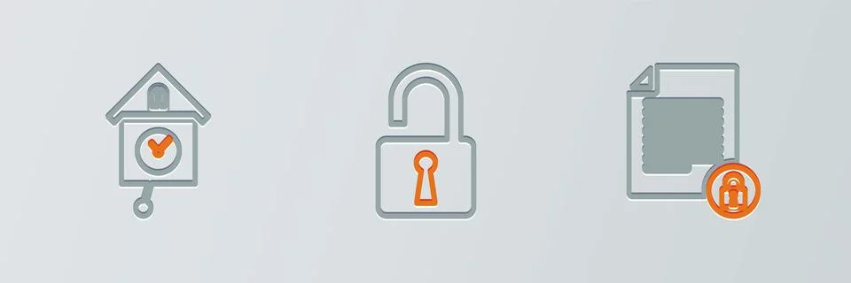 Set line Document and lock, Retro wall watch and Open padlock icon. Vector Illustrazione stock