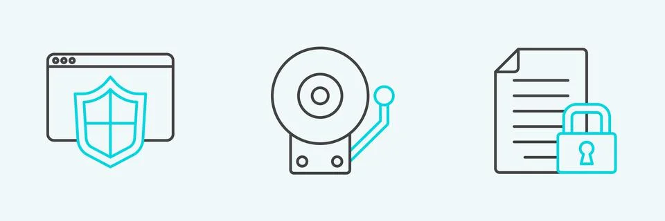 Set line Document and lock, Browser with shield and Ringing alarm bell icon.  스톡 일러스트