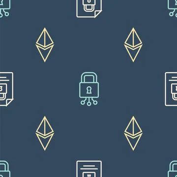 Set line Document and lock, Ethereum ETH and Cyber security on seamless pattern Stock Illustration
