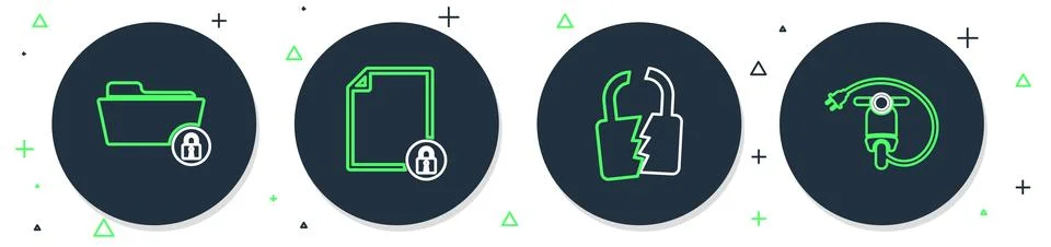 Set line Document and lock, Broken or cracked, Folder and Electric scooter icon Illustrazione stock