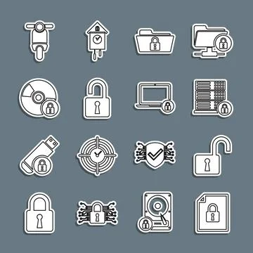 Set line Document and lock, Open padlock, Server security with, Folder, CD or Stock Illustration